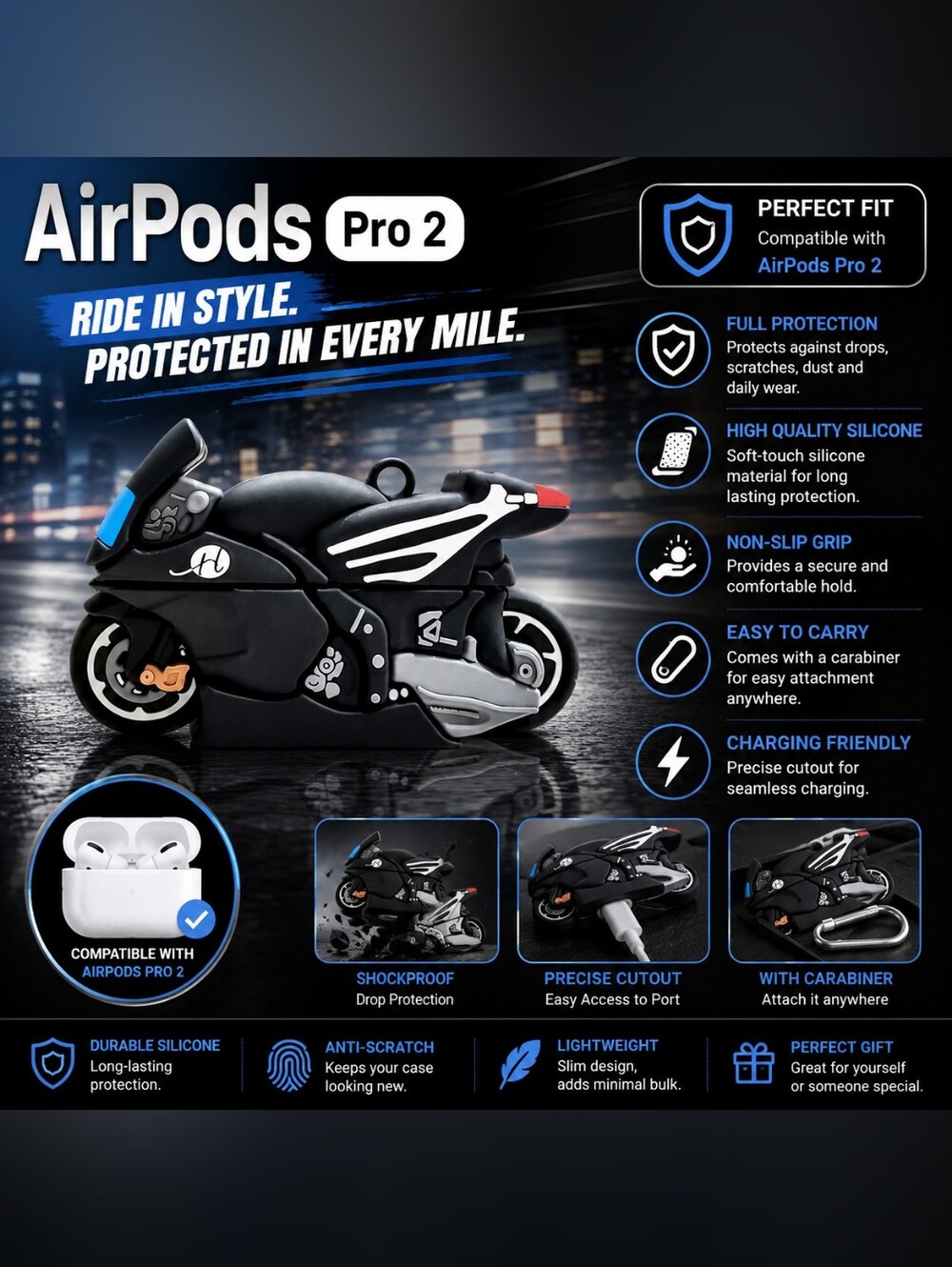 Motorcycle COMPATIBLE WITH AIRPODS PRO 2 SILICONE CASE - BLACK